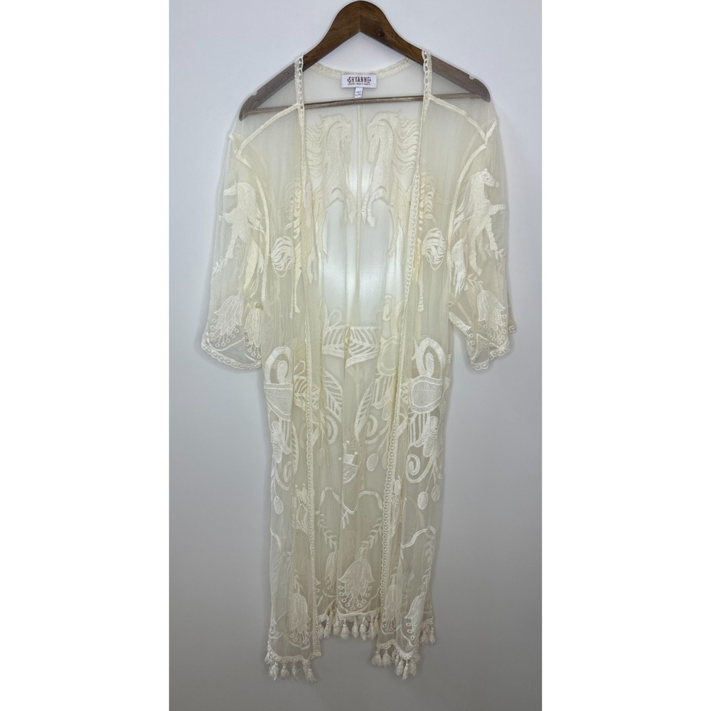 Shyanne Sheer Embroidered Horse Theme Lace Kimono Tassel Fringe Duster L/XL - Picture 14 of 14